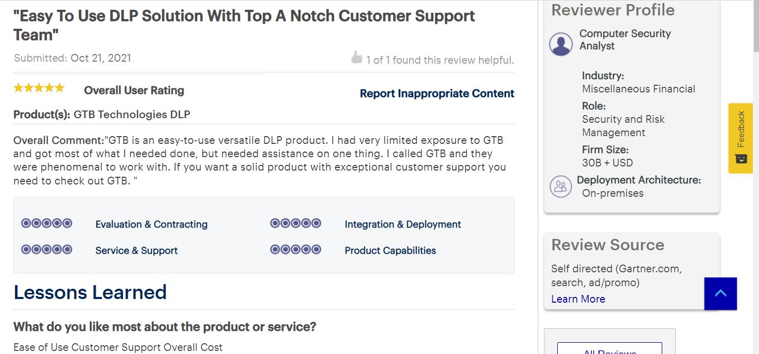 2022 Gartner peer insight 5 star easy to use