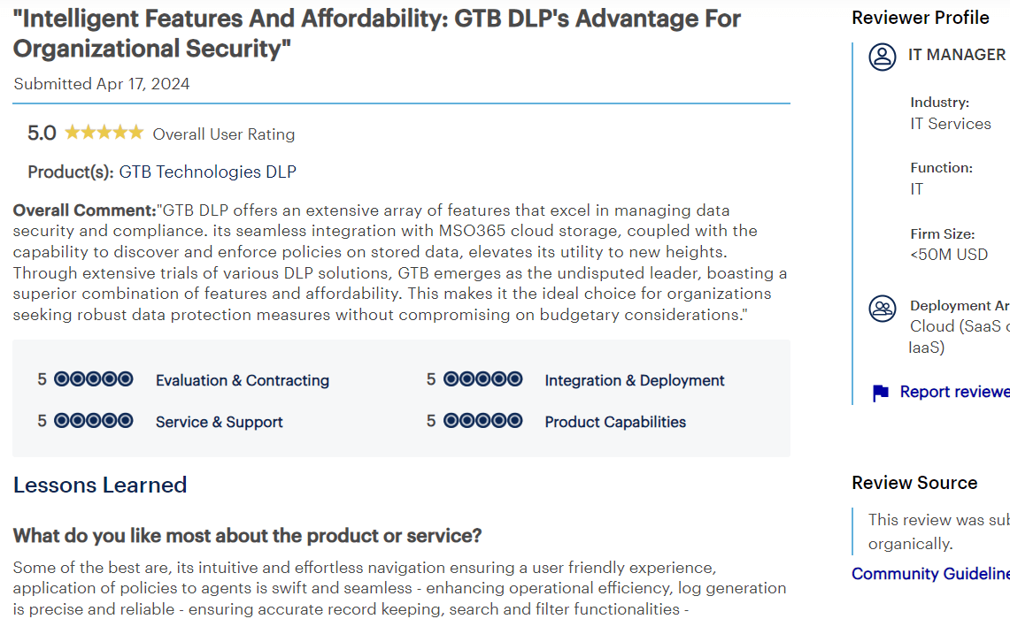2024 Gartner DLP 5 star Leader Peer insight April Screenshot 2024-06-06 095754